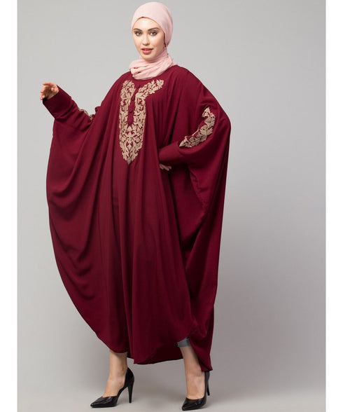 Maroon Matt Nida Neck and Sleeve Embroidery with Cuff free Size Kaftan