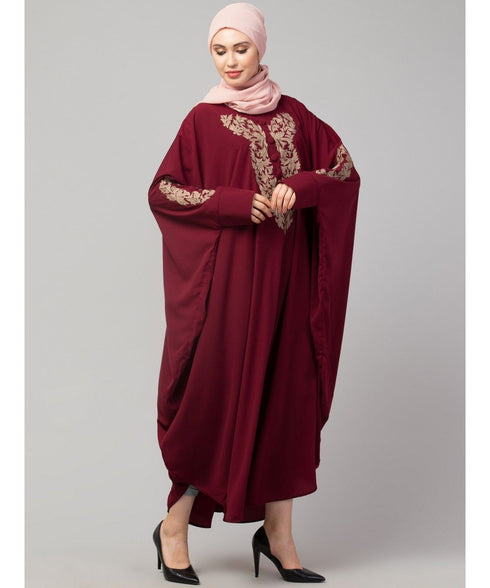 Maroon Matt Nida Neck and Sleeve Embroidery with Cuff free Size Kaftan