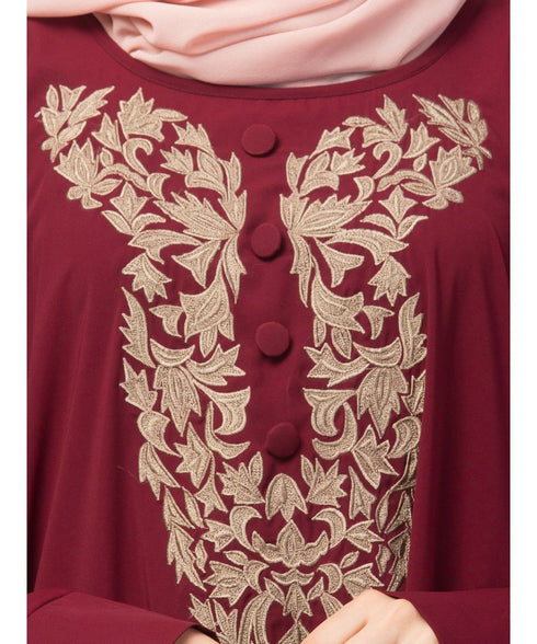 Maroon Matt Nida Neck and Sleeve Embroidery with Cuff free Size Kaftan