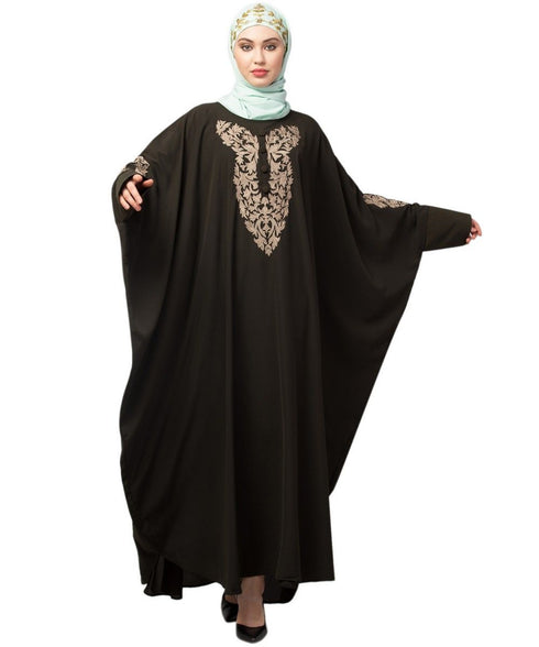 Olive Green Matt Nida Neck and Sleeve Embroidery with Cuff free Size Kaftan