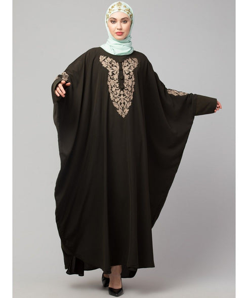 Olive Green Matt Nida Neck and Sleeve Embroidery with Cuff free Size Kaftan