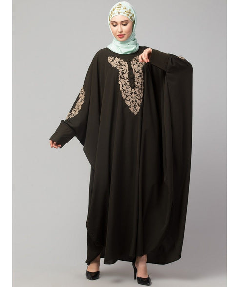 Olive Green Matt Nida Neck and Sleeve Embroidery with Cuff free Size Kaftan