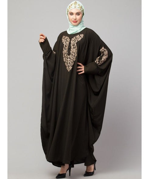 Olive Green Matt Nida Neck and Sleeve Embroidery with Cuff free Size Kaftan