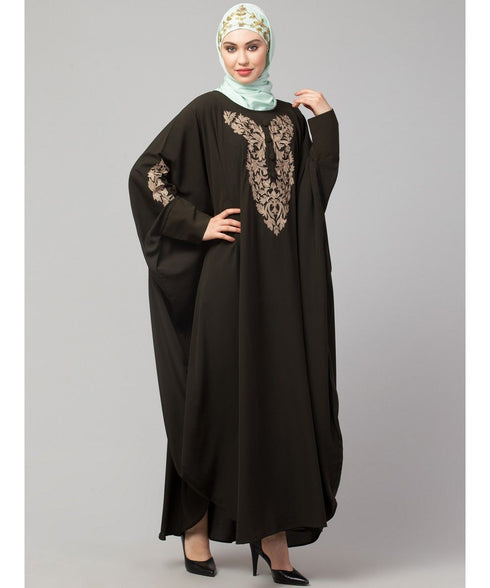 Olive Green Matt Nida Neck and Sleeve Embroidery with Cuff free Size Kaftan