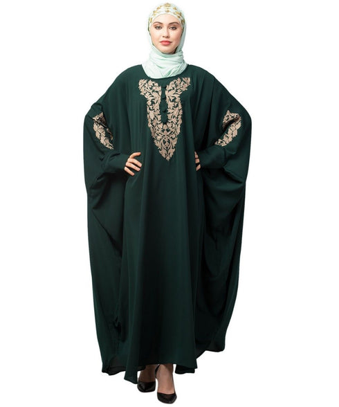 Battle Green Matt Nida Neck and Sleeve Embroidery with Cuff free Size Kaftan