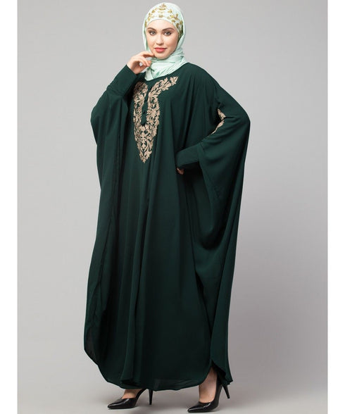 Battle Green Matt Nida Neck and Sleeve Embroidery with Cuff free Size Kaftan