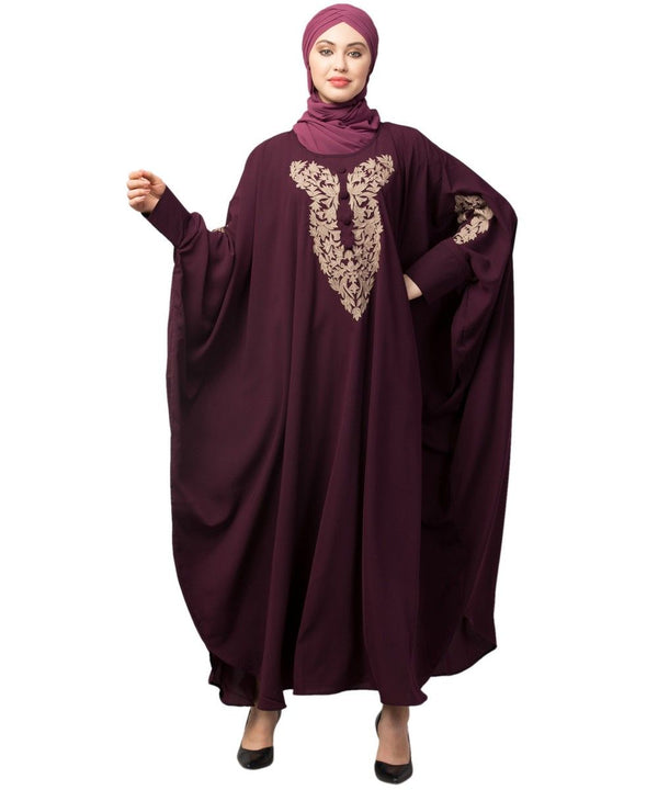 Wine Matt Nida Neck and Sleeve Embroidery with Cuff free Size Kaftan