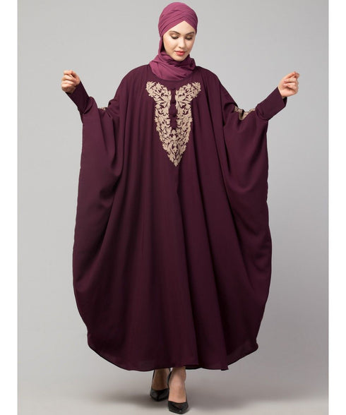Wine Matt Nida Neck and Sleeve Embroidery with Cuff free Size Kaftan