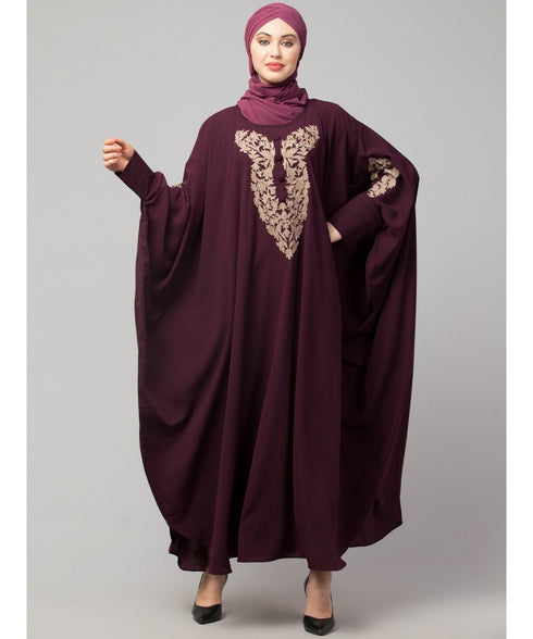 Wine Matt Nida Neck and Sleeve Embroidery with Cuff free Size Kaftan