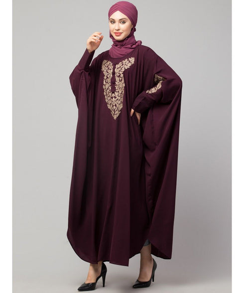 Wine Matt Nida Neck and Sleeve Embroidery with Cuff free Size Kaftan