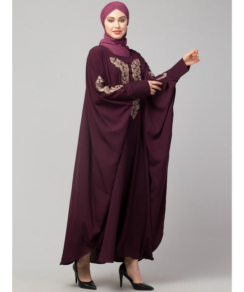 Wine Matt Nida Neck and Sleeve Embroidery with Cuff free Size Kaftan