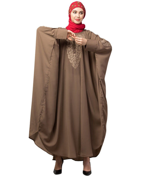 Beige Khaki Matt Nida Neck and Sleeve Embroidery with Cuff free Size Kaftan