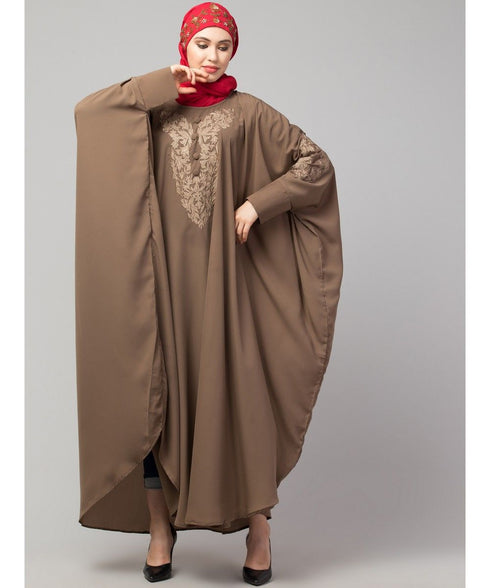 Beige Khaki Matt Nida Neck and Sleeve Embroidery with Cuff free Size Kaftan