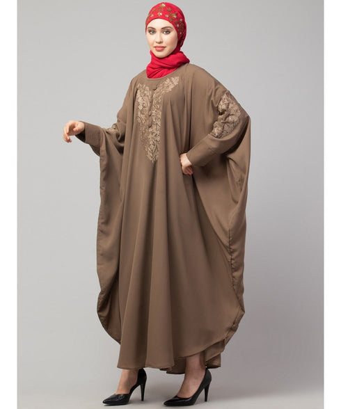 Beige Khaki Matt Nida Neck and Sleeve Embroidery with Cuff free Size Kaftan