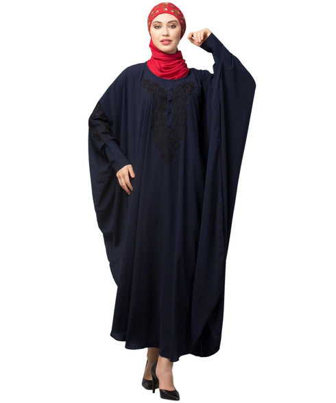 Navy Blue Matt Nida Neck and Sleeve Embroidery with Cuff free Size Kaftan