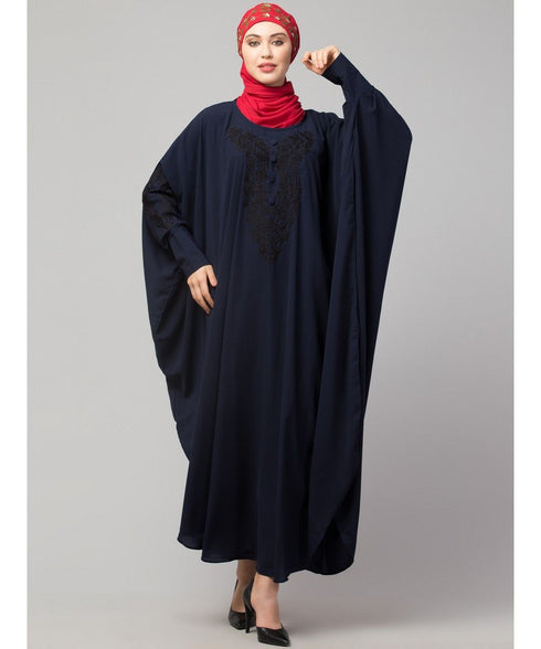 Navy Blue Matt Nida Neck and Sleeve Embroidery with Cuff free Size Kaftan