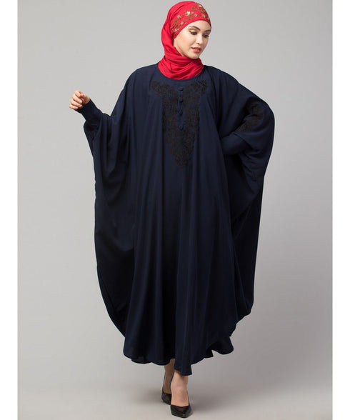 Navy Blue Matt Nida Neck and Sleeve Embroidery with Cuff free Size Kaftan