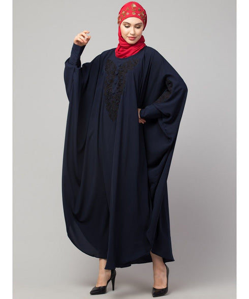 Navy Blue Matt Nida Neck and Sleeve Embroidery with Cuff free Size Kaftan
