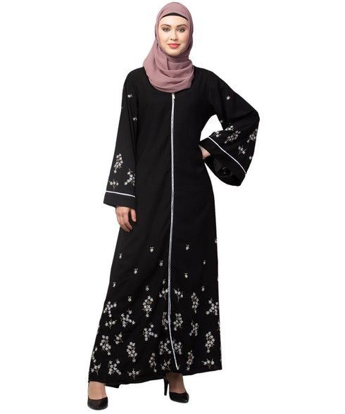 Black Matt Nida Front Open Front & Back sleeve Embroidered Abaya cum Kaftan