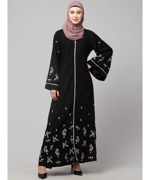 Black Matt Nida Front Open Front & Back sleeve Embroidered Abaya cum Kaftan