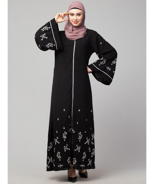 Black Matt Nida Front Open Front & Back sleeve Embroidered Abaya cum Kaftan