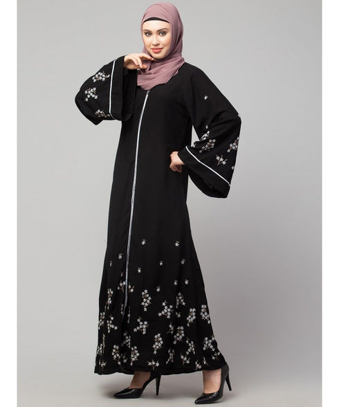 Black Matt Nida Front Open Front & Back sleeve Embroidered Abaya cum Kaftan