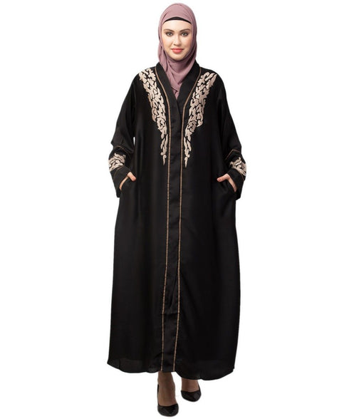Black Premium Shine Nida front open Thread Embroidery at Front and Sleeve Dubai Nida Kaftan