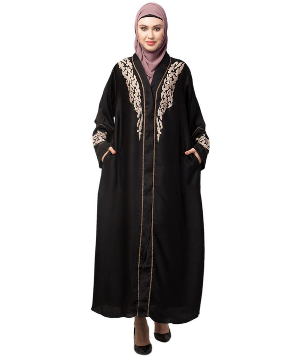Black Premium Shine Nida front open Thread Embroidery at Front and Sleeve Dubai Nida Kaftan