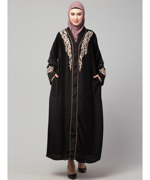 Black Premium Shine Nida front open Thread Embroidery at Front and Sleeve Dubai Nida Kaftan