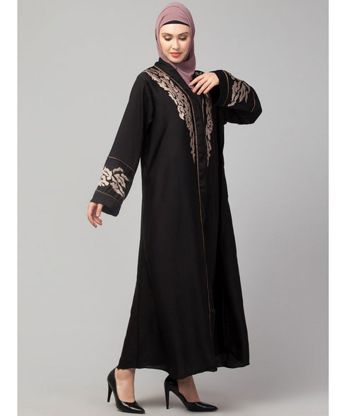 Black Premium Shine Nida front open Thread Embroidery at Front and Sleeve Dubai Nida Kaftan