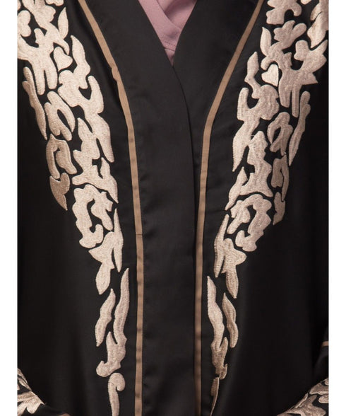 Black Premium Shine Nida front open Thread Embroidery at Front and Sleeve Dubai Nida Kaftan