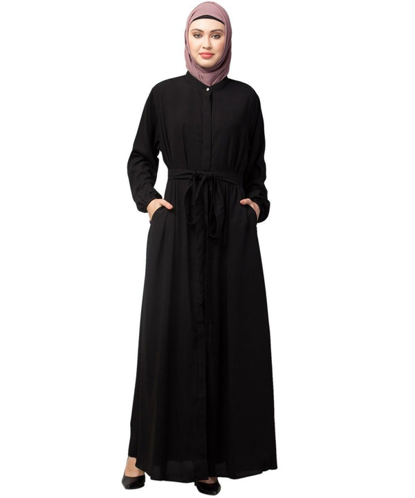 Black Matt Nida Front Open with Belt and Elastic at cuff Casual Abaya