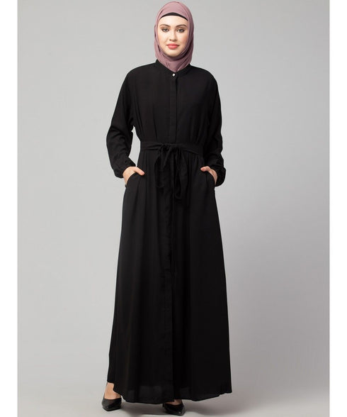 Black Matt Nida Front Open with Belt and Elastic at cuff Casual Abaya