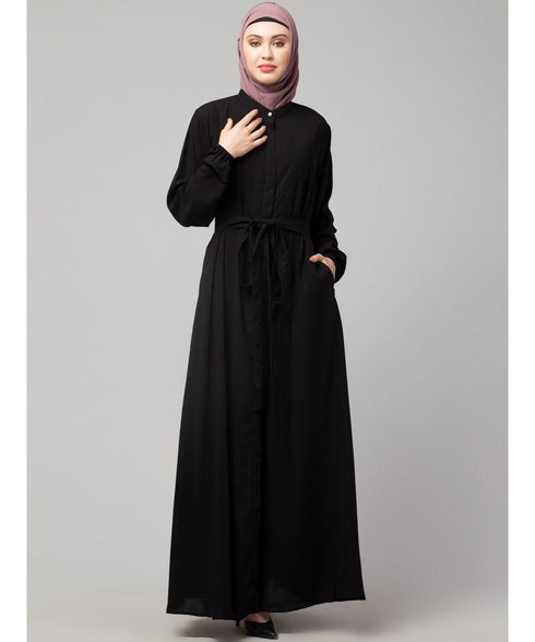 Black Matt Nida Front Open with Belt and Elastic at cuff Casual Abaya