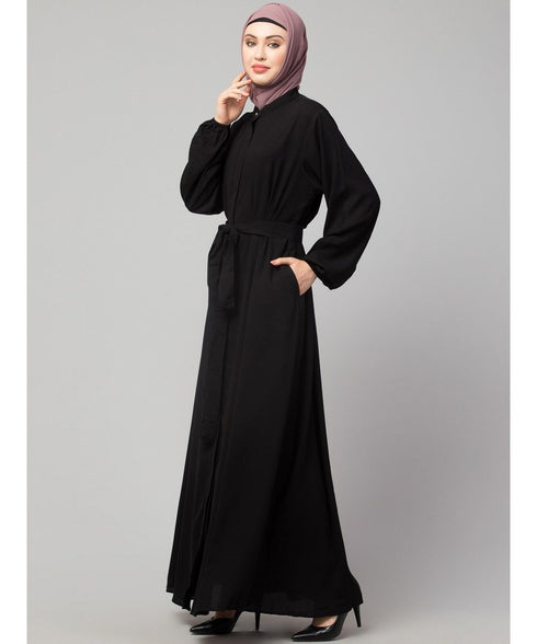 Black Matt Nida Front Open with Belt and Elastic at cuff Casual Abaya