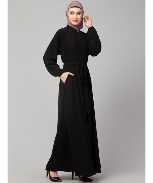 Black Matt Nida Front Open with Belt and Elastic at cuff Casual Abaya