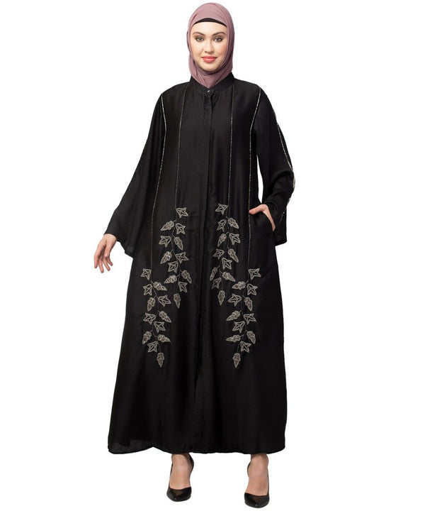 Black Premium Shine Nida Front Open Bell Sleeve Hand Embroidered EID Abaya