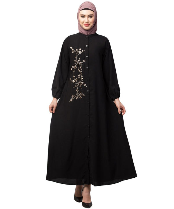 Black Matt Nida Front Open one side Thread embroidery Casual Abaya