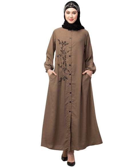 Khaki Beige Matt Nida Front Open one side Thread embroidery Casual Abaya