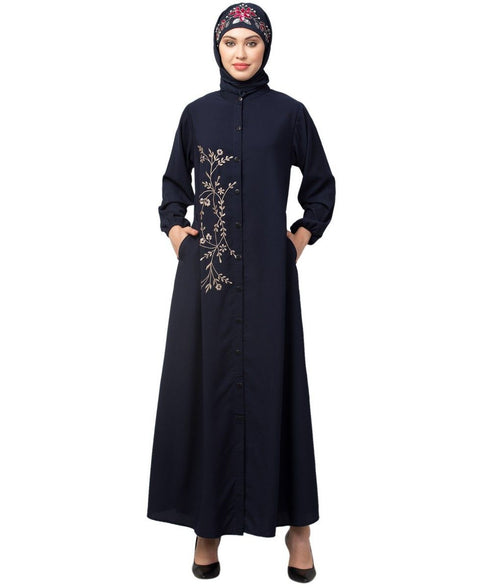Navy Blue Matt Nida Front Open one side Thread embroidery Casual Abaya