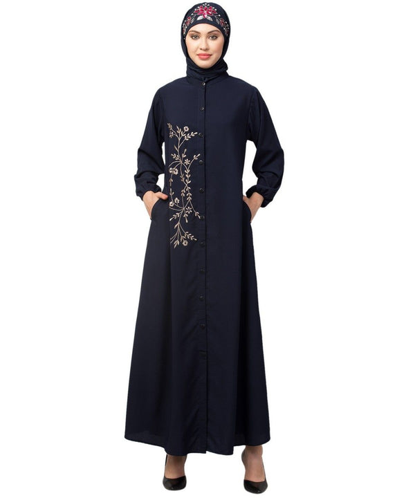 Navy Blue Matt Nida Front Open one side Thread embroidery Casual Abaya