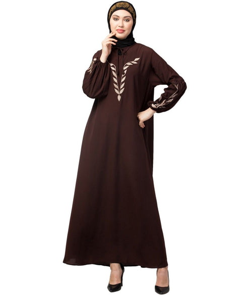 Brown Matt Nida Front and Sleeve Resham Embroidery Balloon Sleeve Abaya