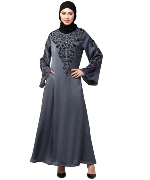 Grey Premium Shine Nida Neck and Sleeve Resham Embroidered A line Party Abaya