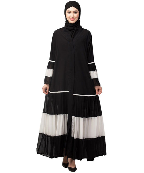 Naneen Black/White Matt Nida and Georgette Contrast pleated at sleeve and Bottom front open Abaya