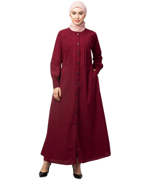 Maroon Matt Nida Pleats at front and sleeve Front open Casual Abaya