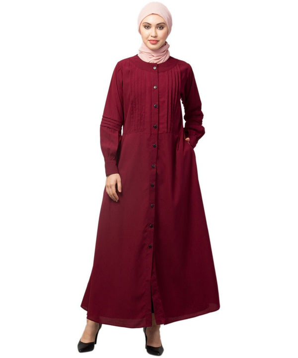 Maroon Matt Nida Pleats at front and sleeve Front open Casual Abaya