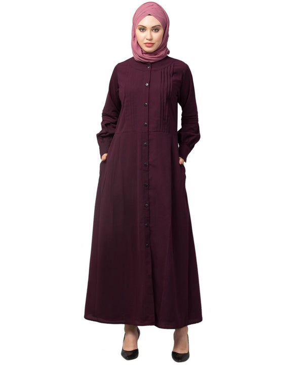 Wine Matt Nida Pleats at front and sleeve Front open Casual Abaya
