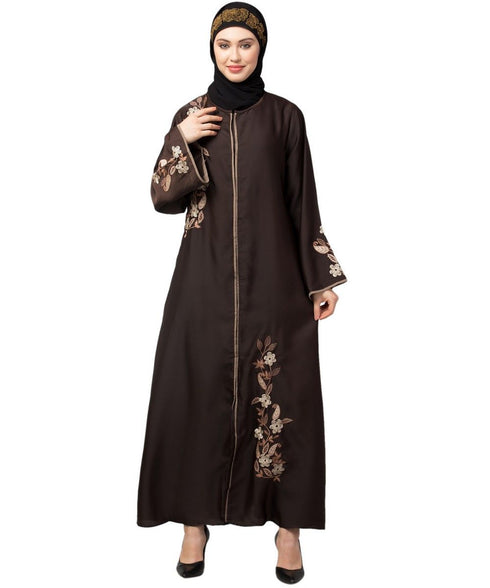 Brown Premium Shine Nida Front Open mbroidered Nida Abaya