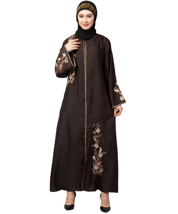 Brown Premium Shine Nida Front Open mbroidered Nida Abaya