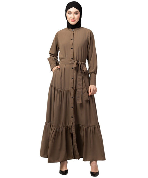 Khaki Matt Nida Front open gather and frill with belt Casual Abaya